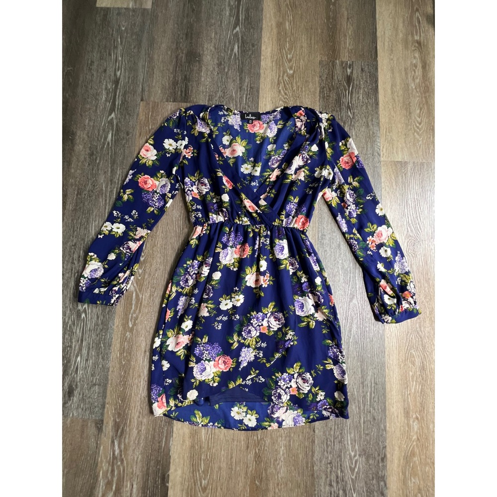 Lulus Mini Dress Womens Medium Blue Floral Long Sleeve Surplice V-Neck Wrap